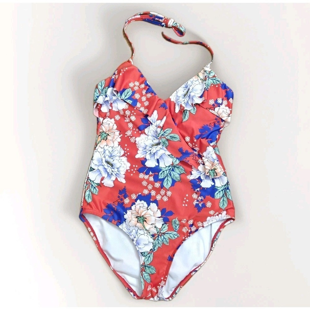 Clean Water Red Floral One Piece Swimsuit S Ruffle Halter Resort Tropical Beach
